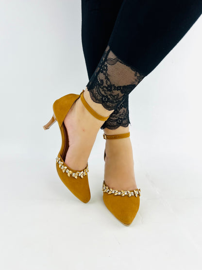 Brown Petal Flowers Studded Ankle Strap leather Heels