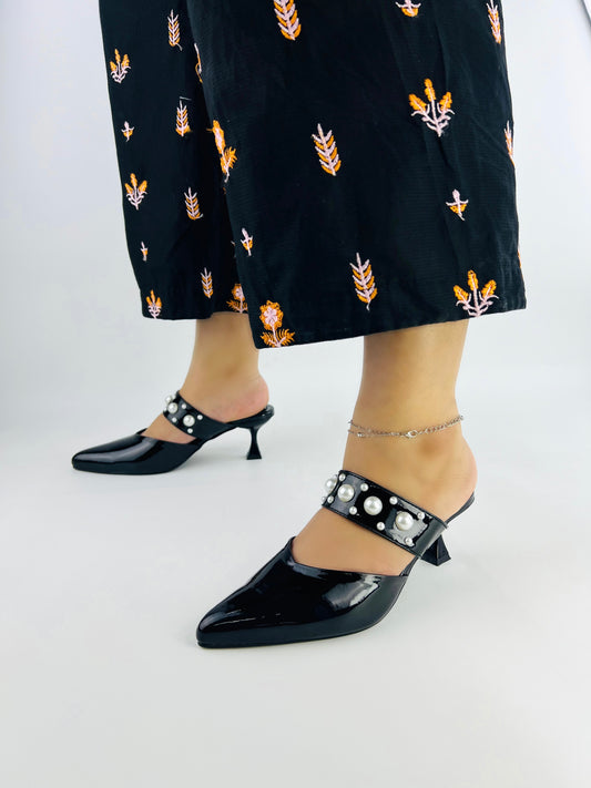 Spunkz Shiny Black Pearls Decor Pointed Toe Open Back Mules