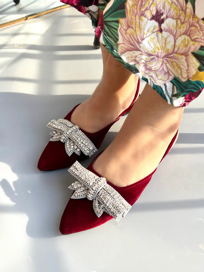 Spunkz Diamond Stones Bow Tie Maroon Slingback Flats