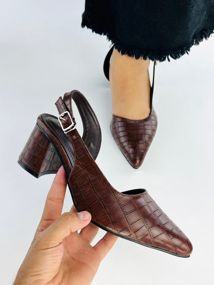 Spunkz Wood Embossed Croc Pattern Slingback Block Heel