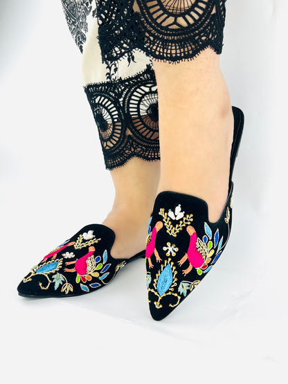 Spunkz Peacock Hand Embroidery Black Velvet Flat Mules