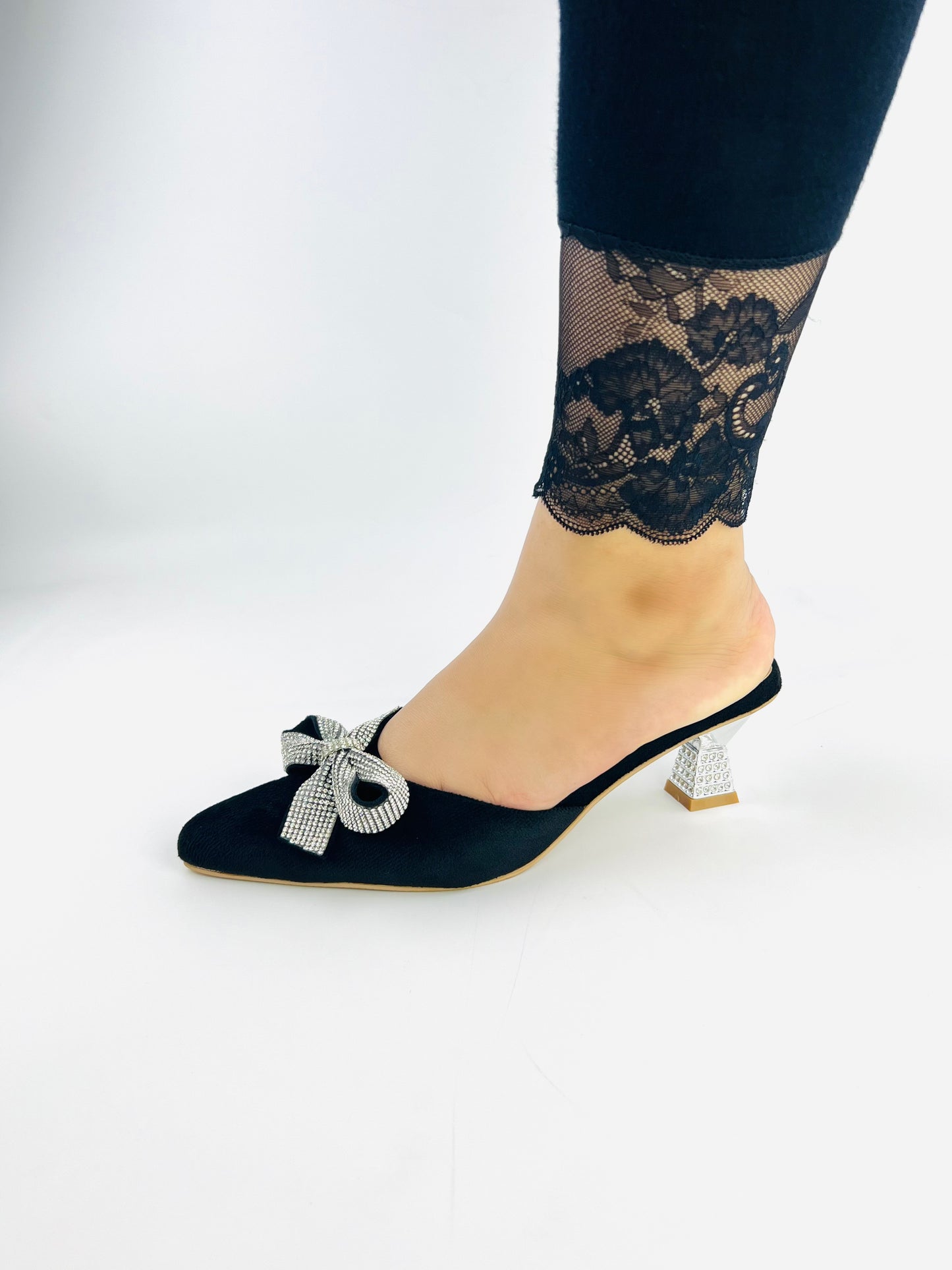 Spunkz Pointed Toe Black Velvet Mules with Rhinestone Kitten Heels