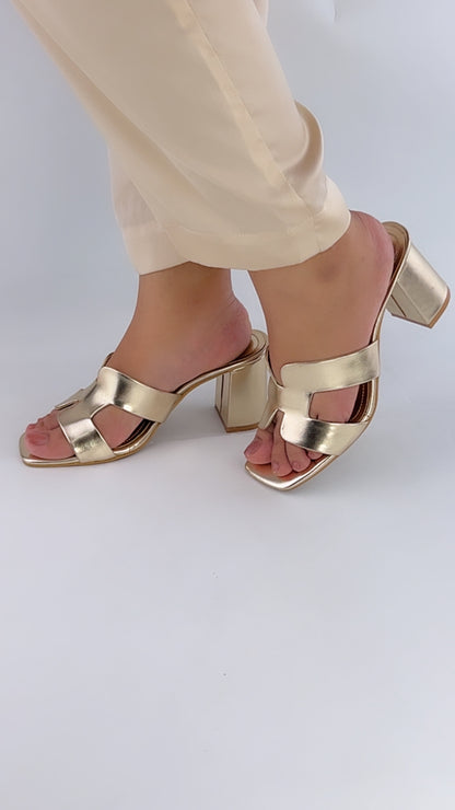 Spunkz Metallic Light Gold H-Style Block Heeled Sandals for Women