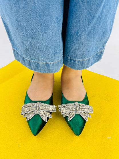 Spunkz Pointed Toe Rhinestone Bow Knot Green Slingback Flats