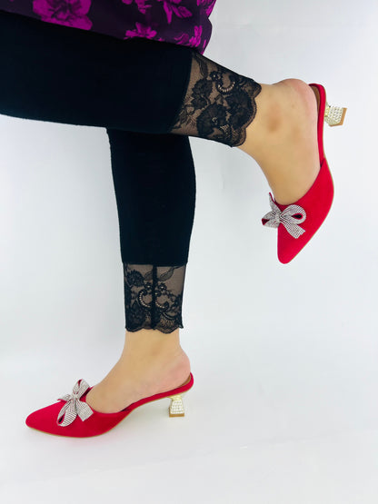 Spunkz Pointed Toe Mid Heel Red Butterfly-Knot Slip-On Sandals