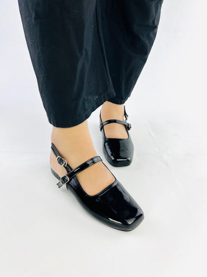 Black Patent Leather Open Back Square Toe Heel Shoes