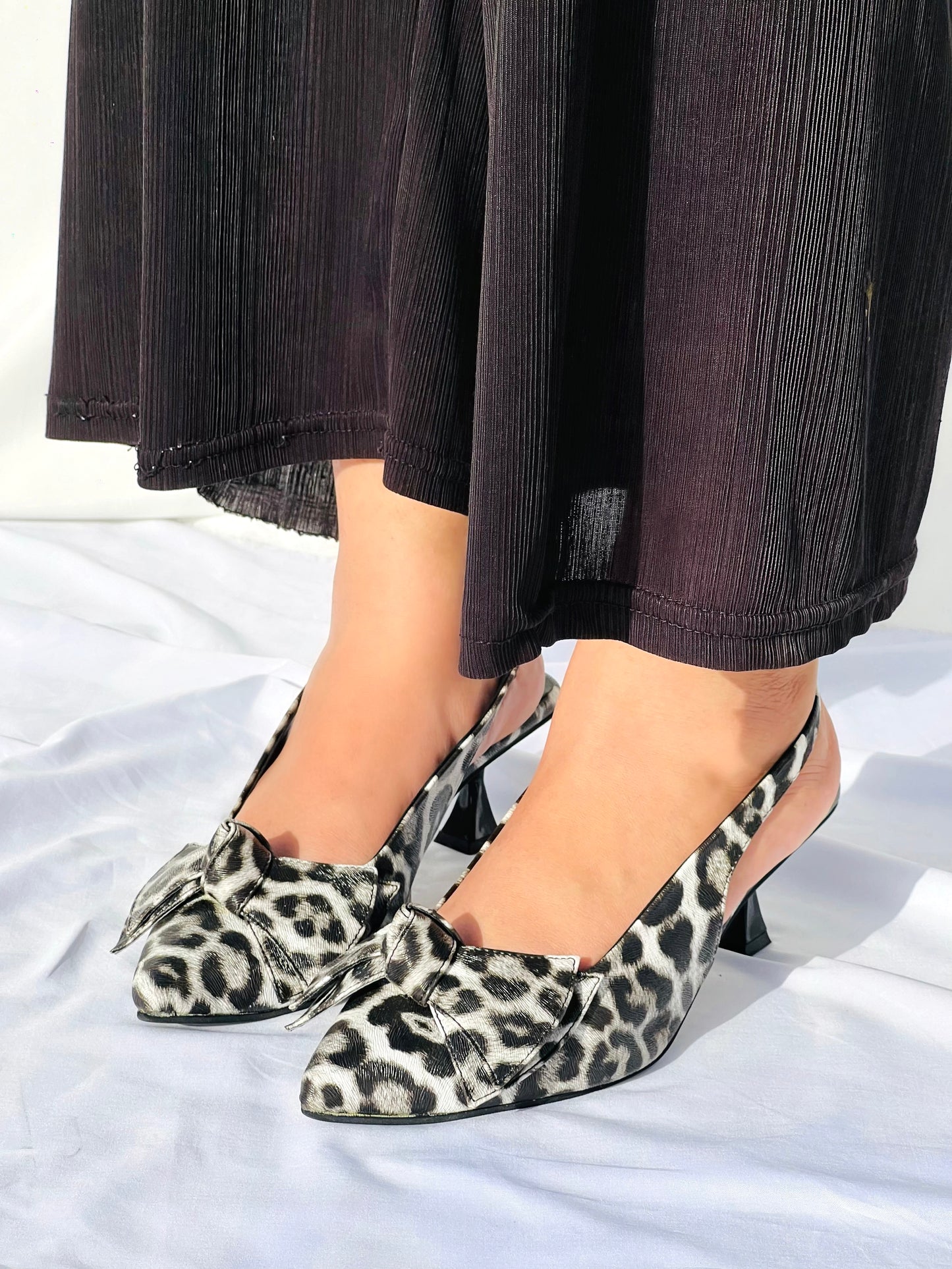 Spunkz Black and White Leopard Print Slingback Heels