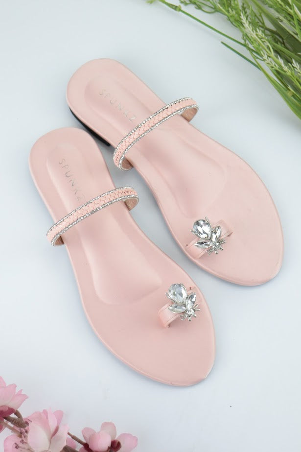 Ember Pink Toe Ring Braid Straps Slip On Flats - Spunkz
