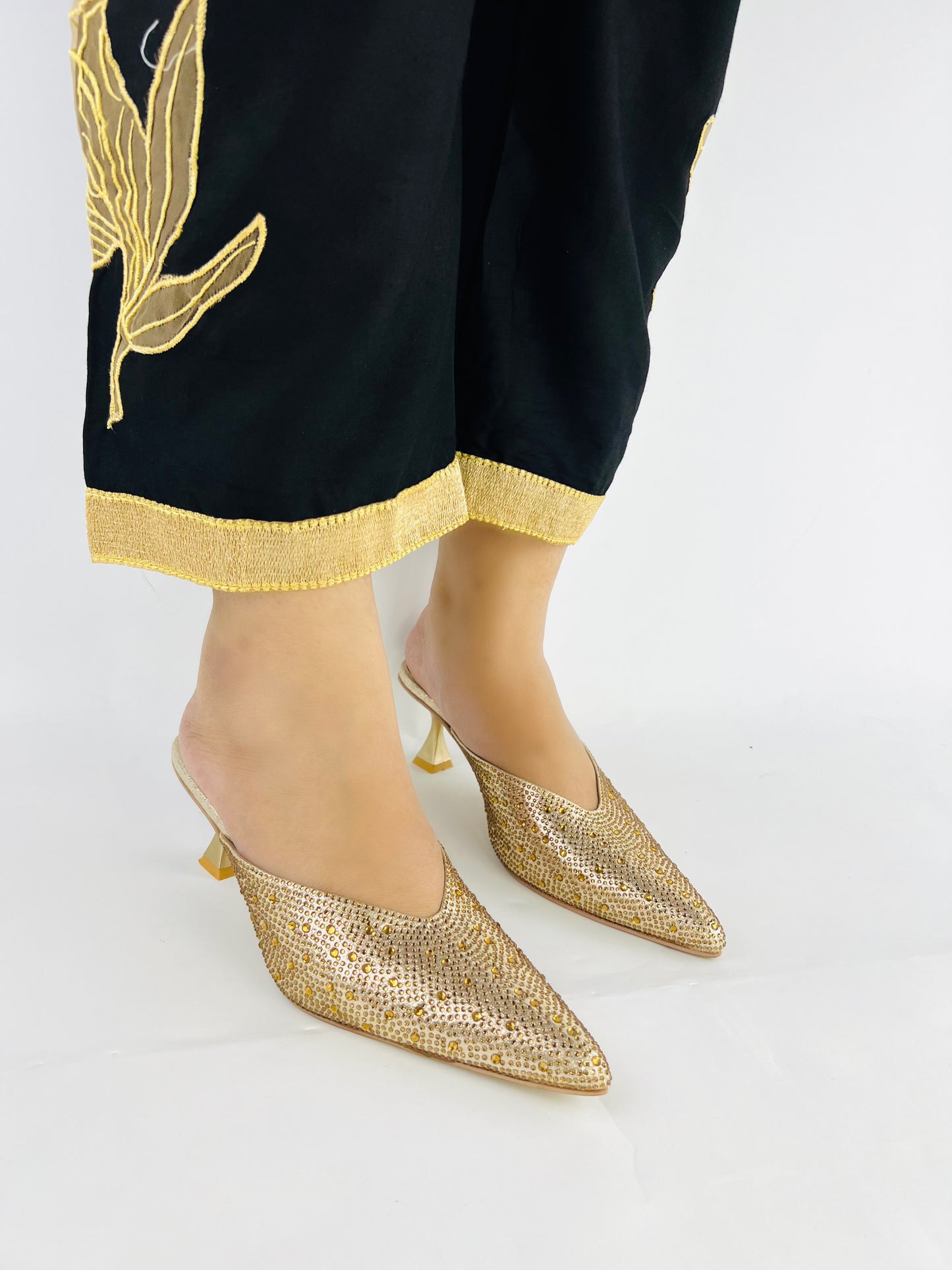 Crystal Sequins Gold Embellished Pointed Shallow Diamond Suede Mules