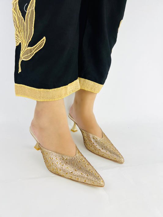 Crystal Sequins Gold Embellished Pointed Shallow Diamond Suede Mules-11039