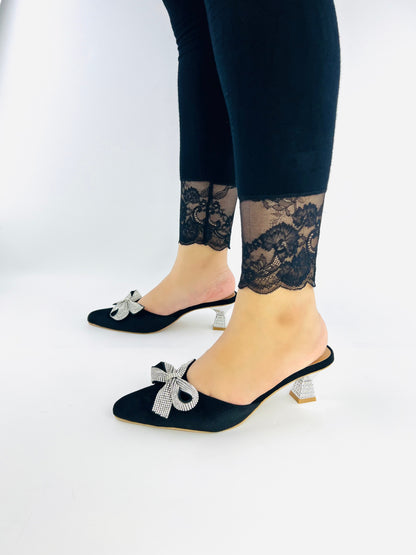 Spunkz Pointed Toe Black Velvet Mules with Rhinestone Kitten Heels