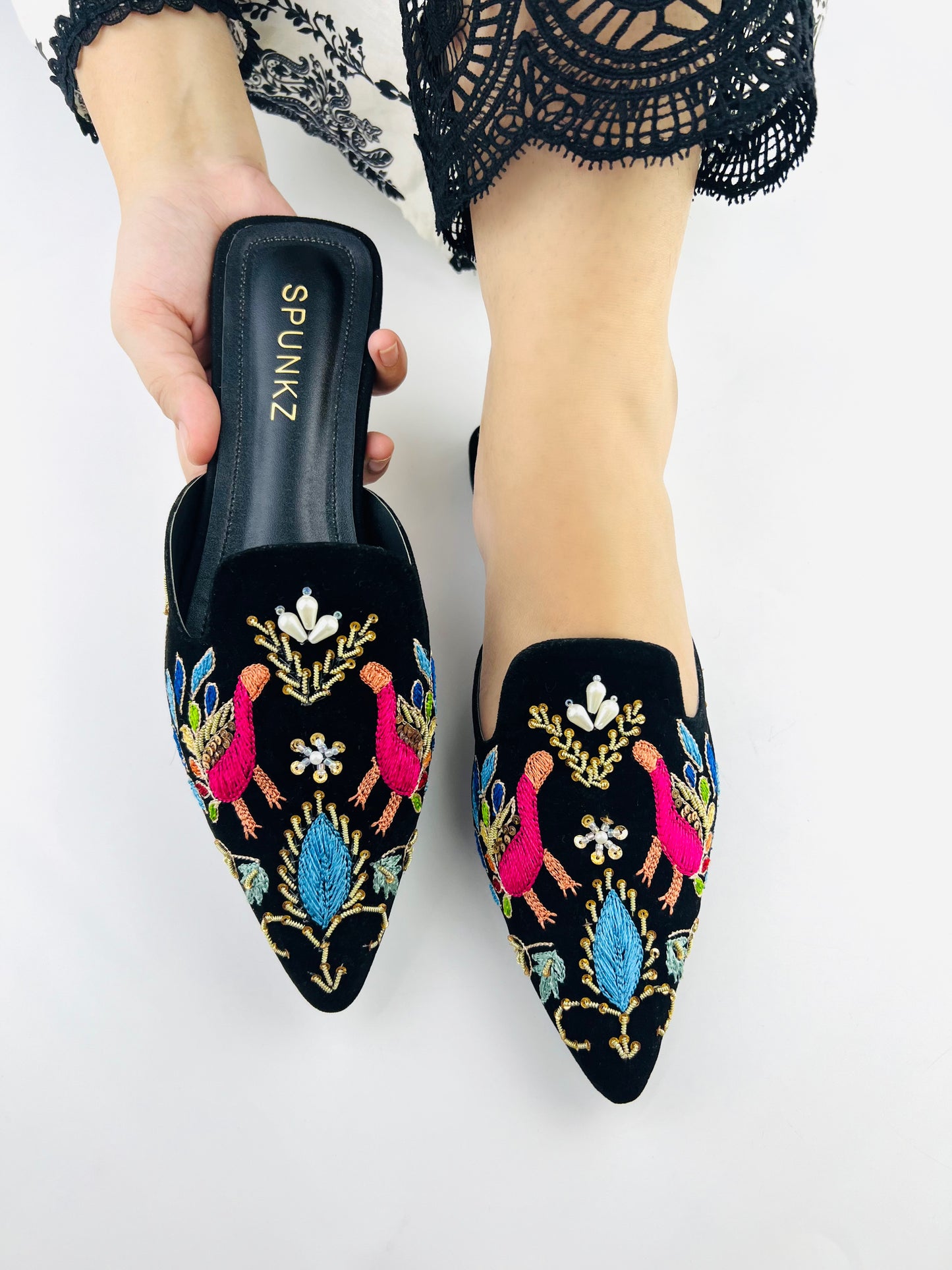 Spunkz Peacock Hand Embroidery Black Velvet Flat Mules