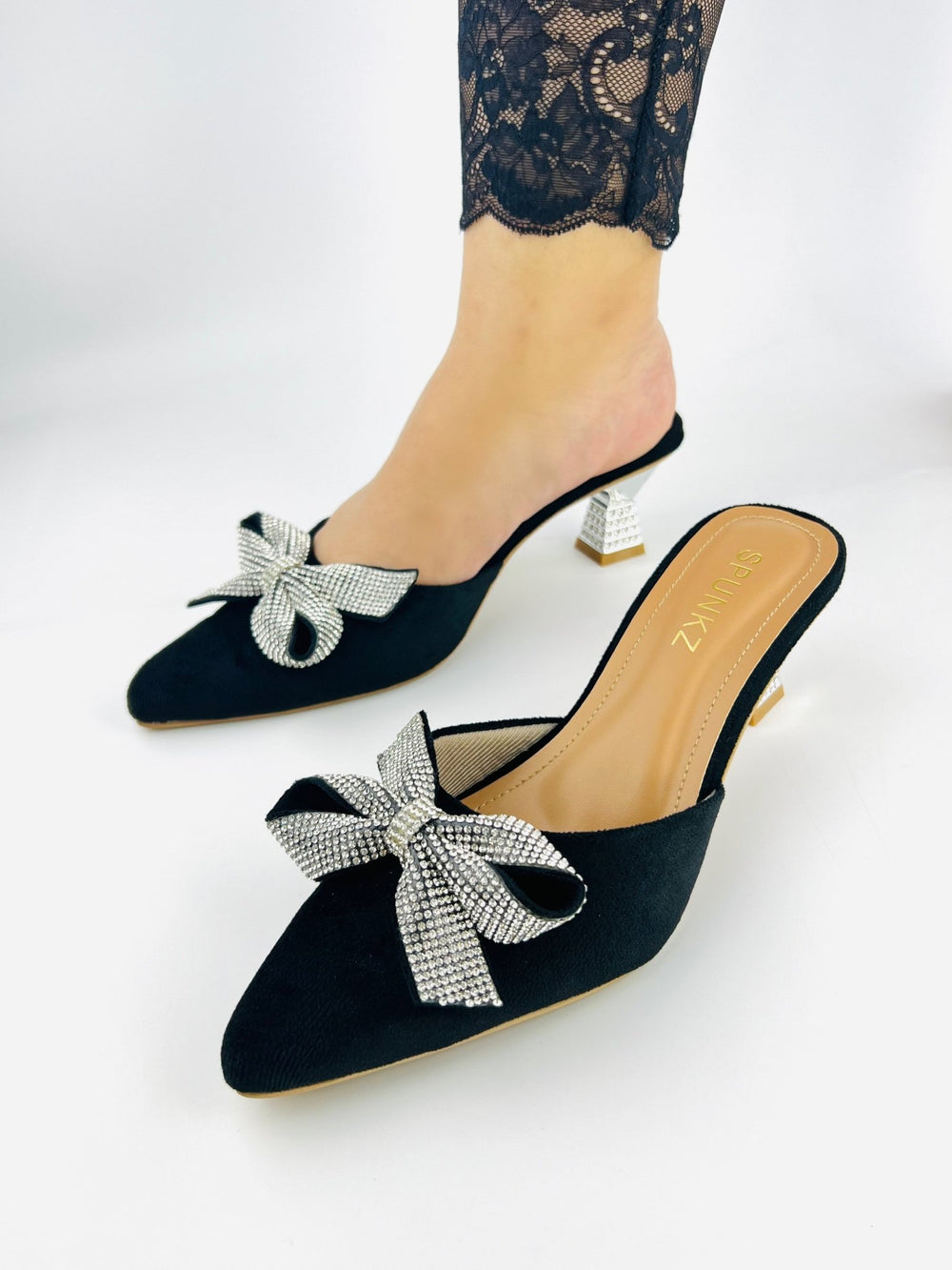 Velvet Bow Mule Heels (Black) - Spunkz