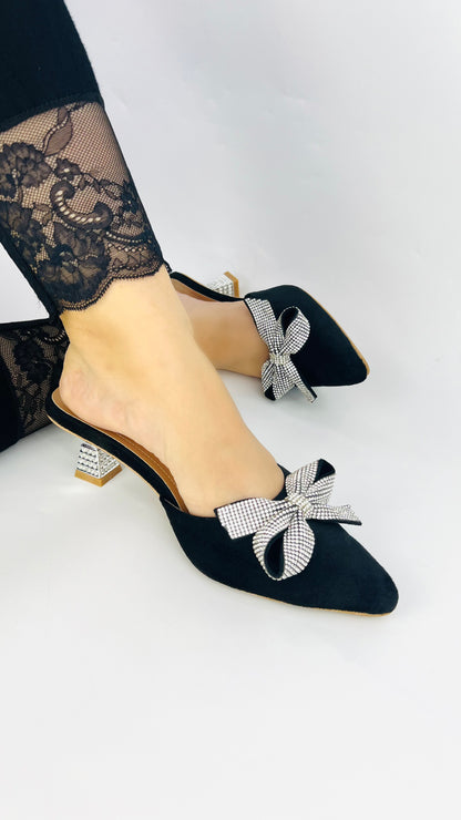 Spunkz Pointed Toe Black Velvet Mules with Rhinestone Kitten Heels