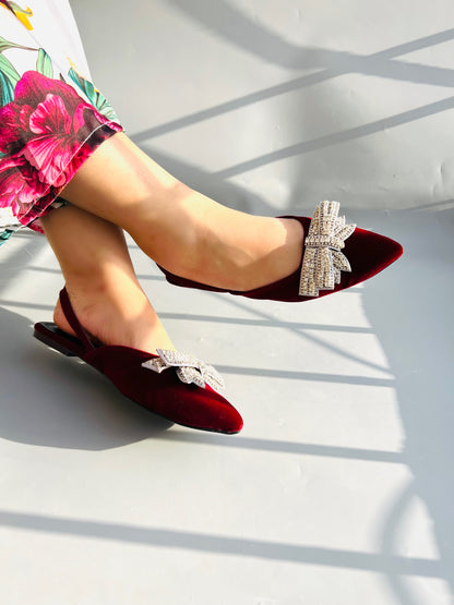 Spunkz Diamond Stones Bow Tie Maroon Slingback Flats