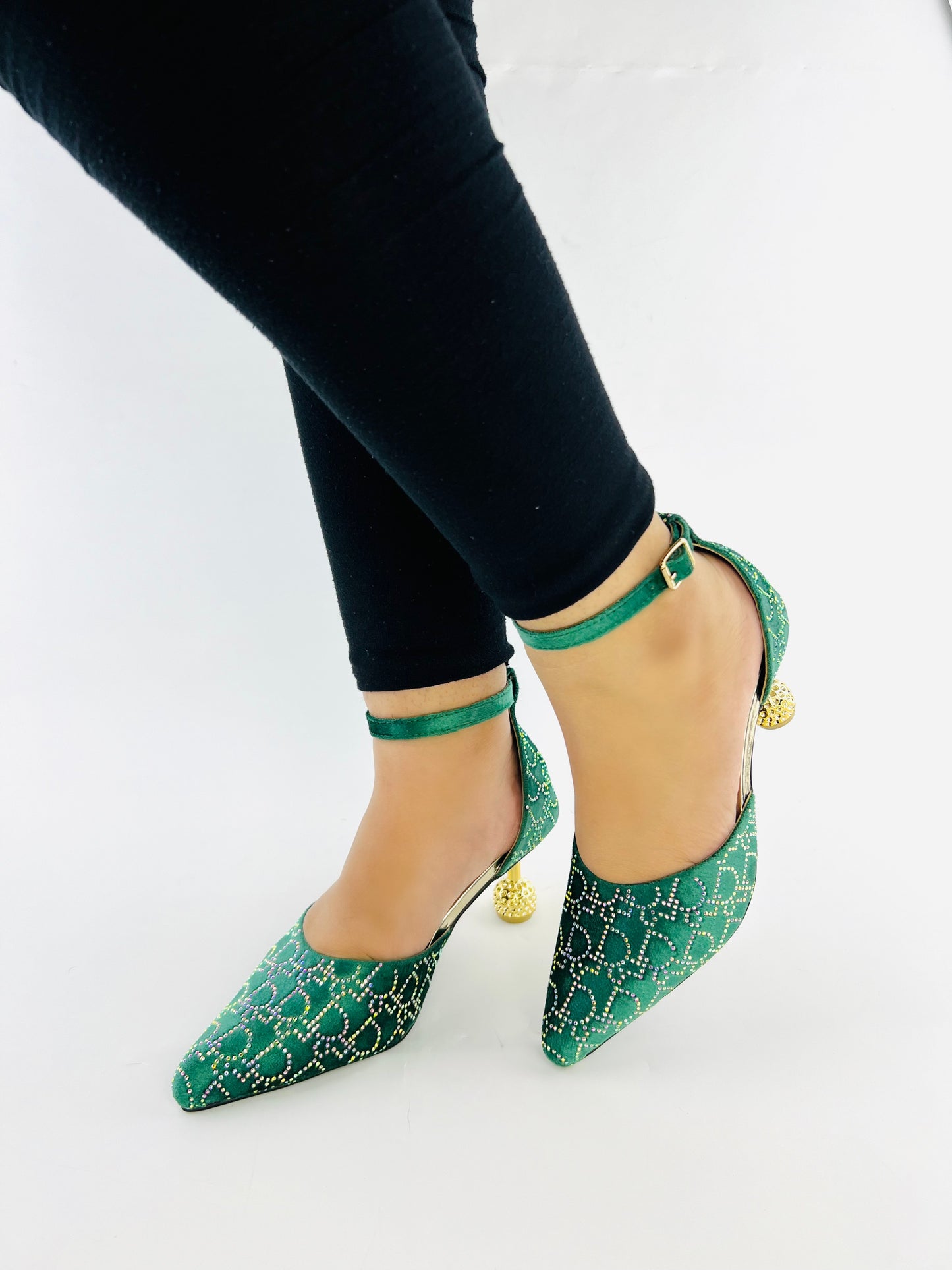 Spunkz Rhinestone Decor Dynamite Green Velvet Wedding Heels