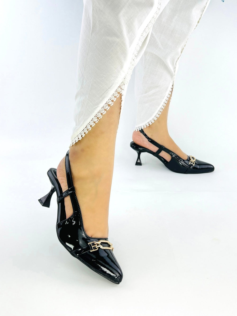 Black Patent Slingback Heels - Spunkz