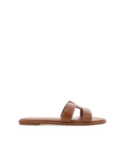 Hania Iconic Brown "H" Cut-Out Faux Leather Flat Slides - Spunkz