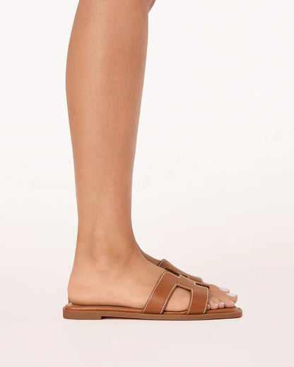 Hania Iconic Brown "H" Cut-Out Faux Leather Flat Slides - Spunkz