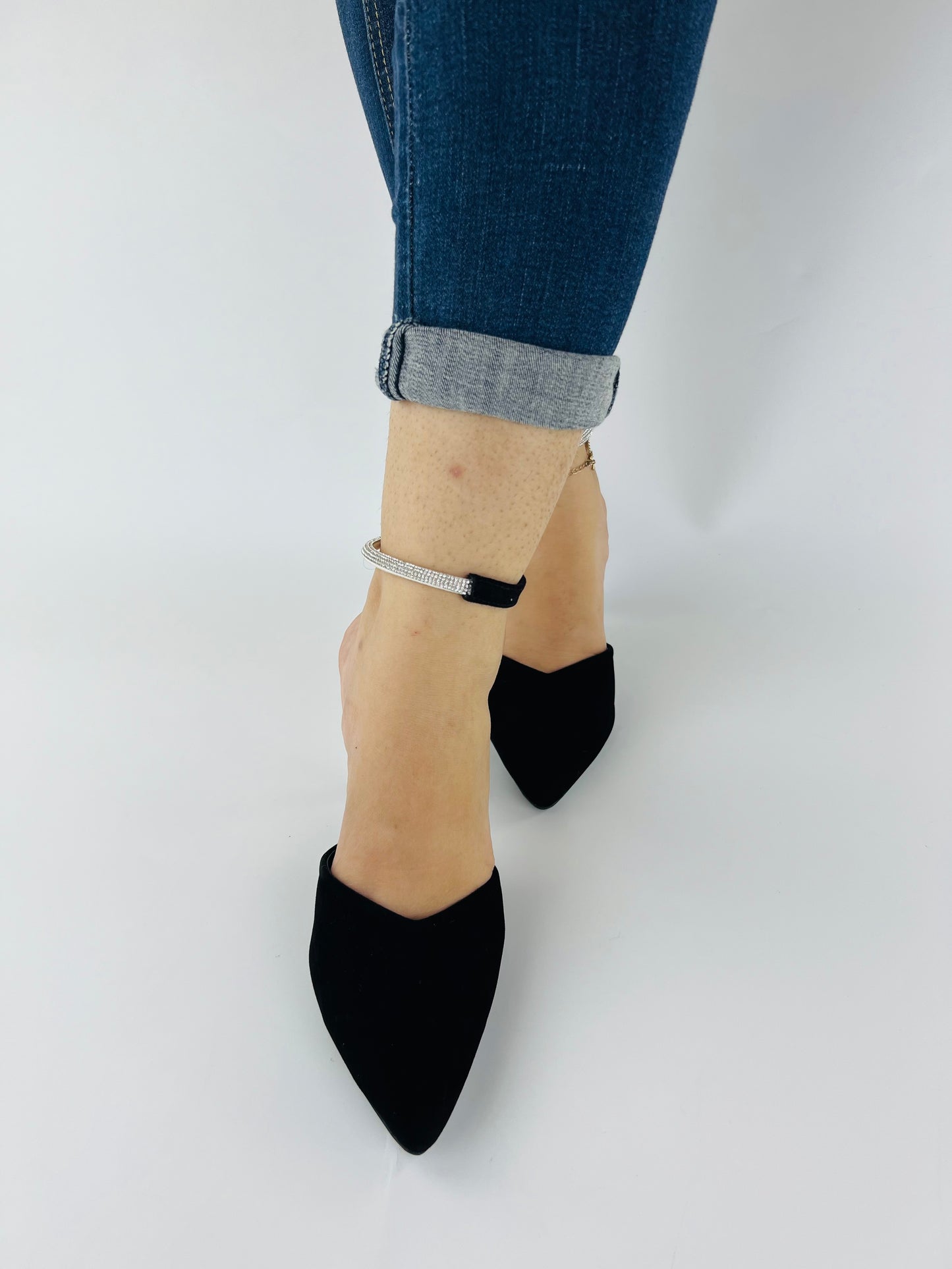 Rihana Black Velvet Rhinestone Ankle Strap Mules