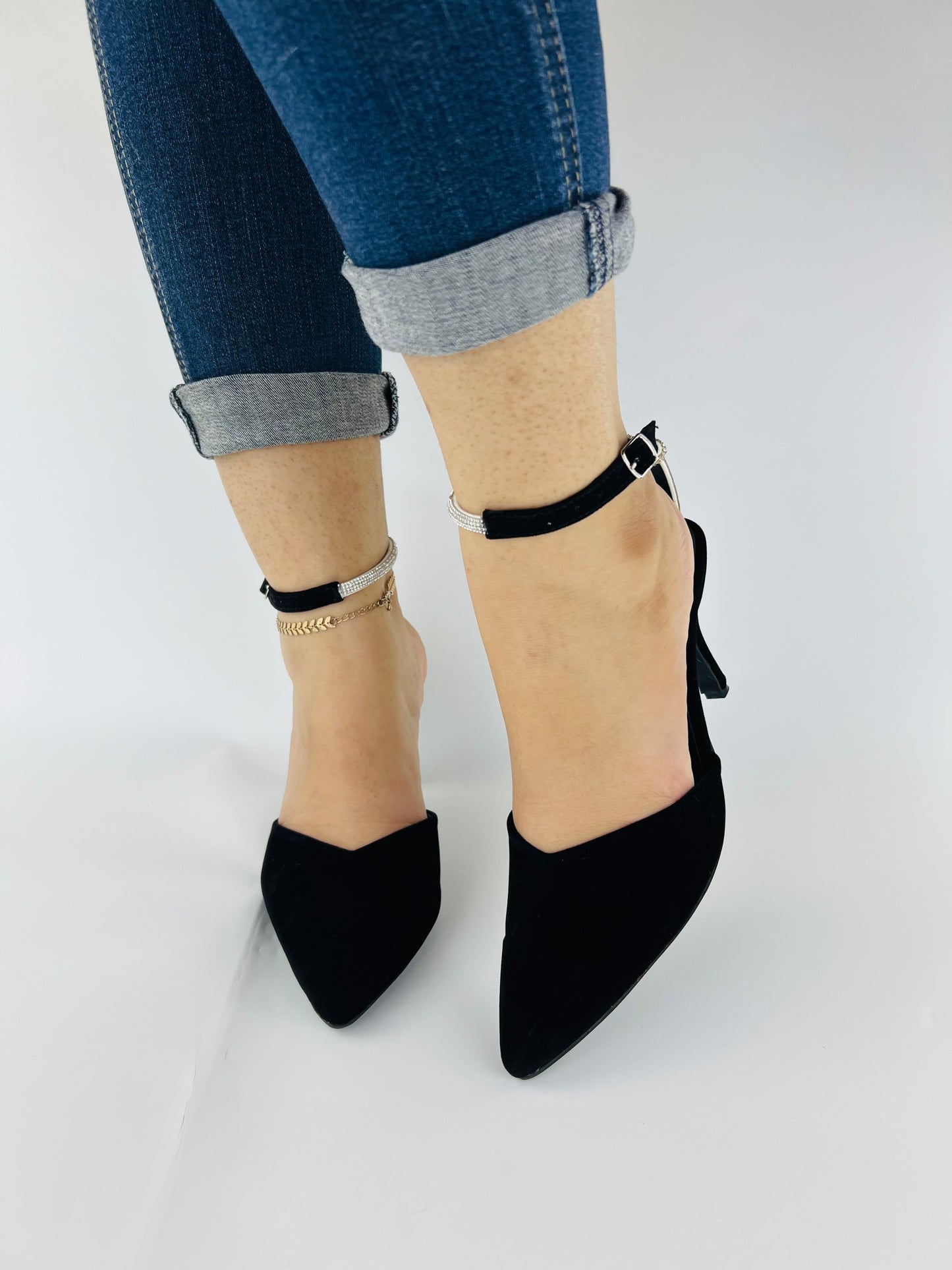 Rihana Black Velvet Rhinestone Ankle Strap Mules