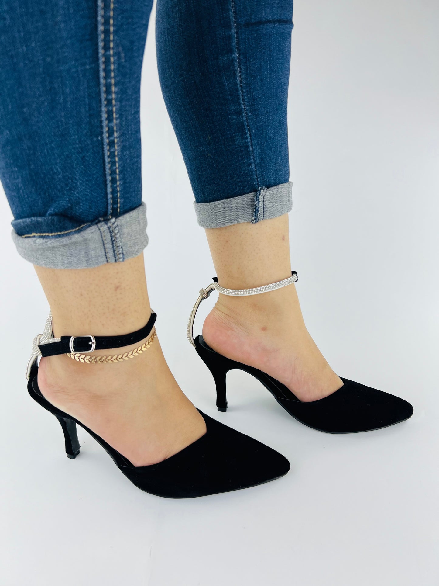 Rihana Black Velvet Rhinestone Ankle Strap Mules