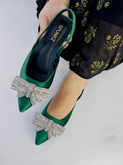 Spunkz Pointed Toe Rhinestone Bow Knot Green Slingback Flats