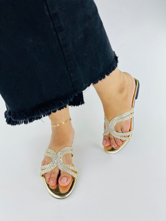 Spunkz Ava Rhinestone Flat Golden Slides-11049