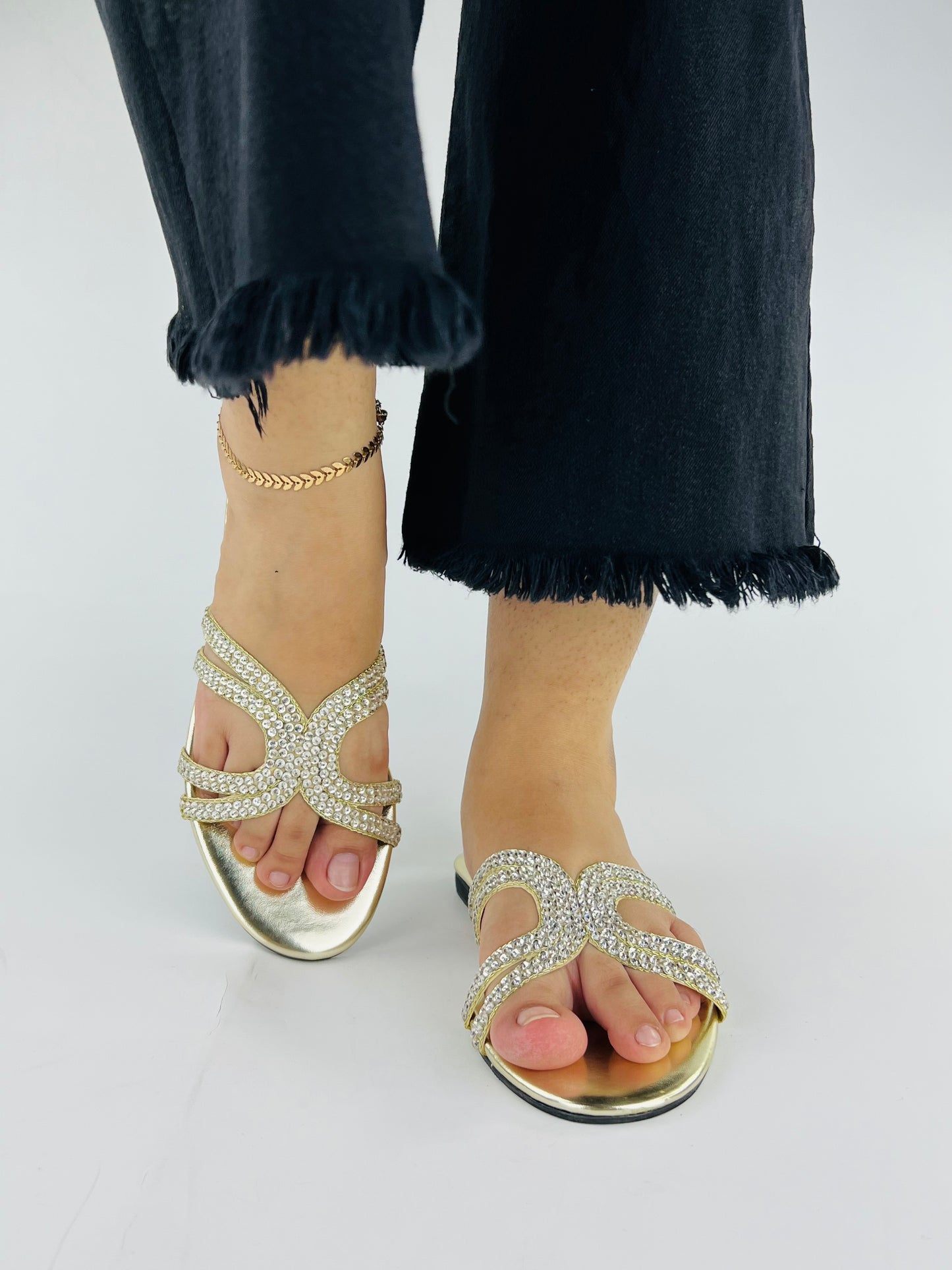 Spunkz Ava Rhinestone Flat Golden Slides