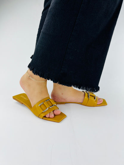 Ring Square Head Flat-Bottomed Mustard Flip Flops Slippers