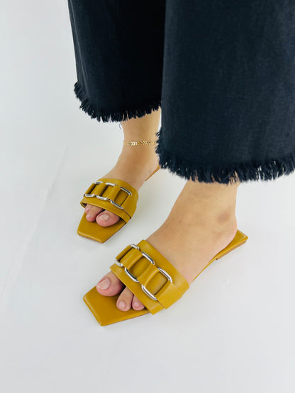 Ring Square Head Flat-Bottomed Mustard Flip Flops Slippers