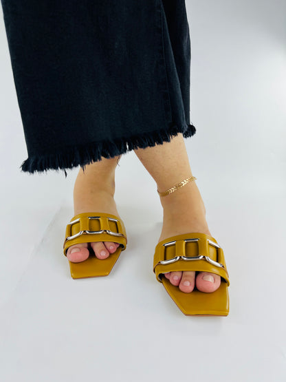 Ring Square Head Flat-Bottomed Mustard Flip Flops Slippers