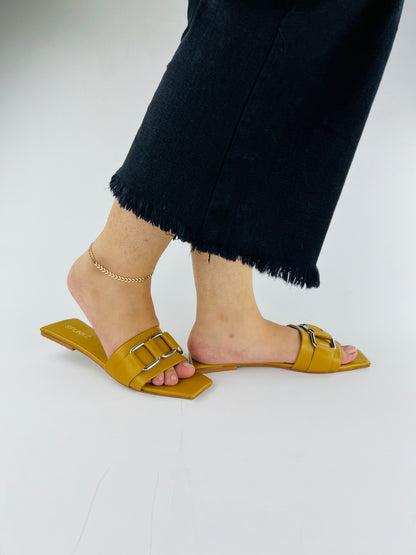 Ring Square Head Flat-Bottomed Mustard Flip Flops Slippers