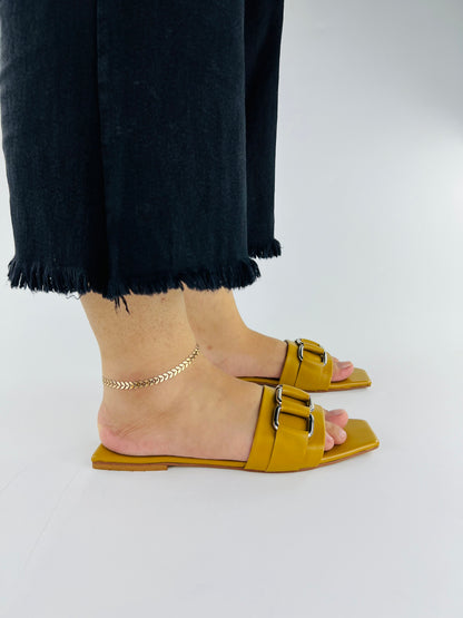 Ring Square Head Flat-Bottomed Mustard Flip Flops Slippers