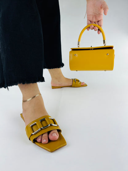 Ring Square Head Flat-Bottomed Mustard Flip Flops Slippers