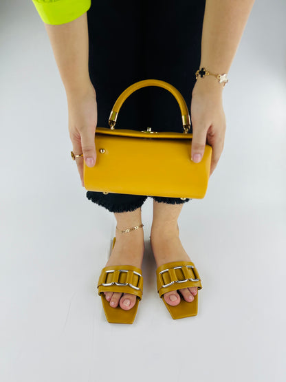 Ring Square Head Flat-Bottomed Mustard Flip Flops Slippers