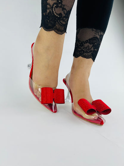 Red Romeo Crystal Embellished Shiny Bow Pointed Toe Heels