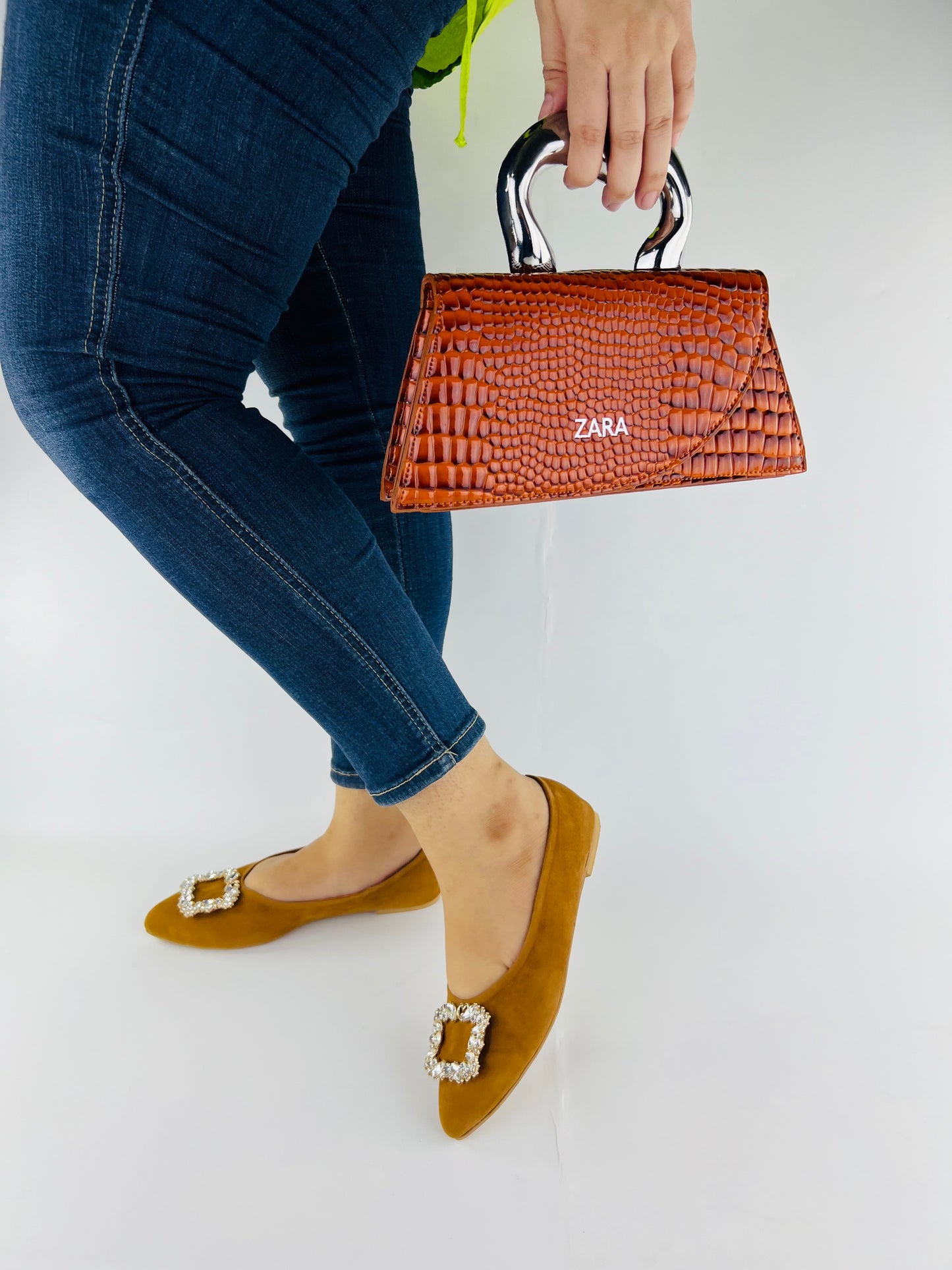 Myla Light Brown Pointed Shape Suede Flat Pumps with Metal Brooch