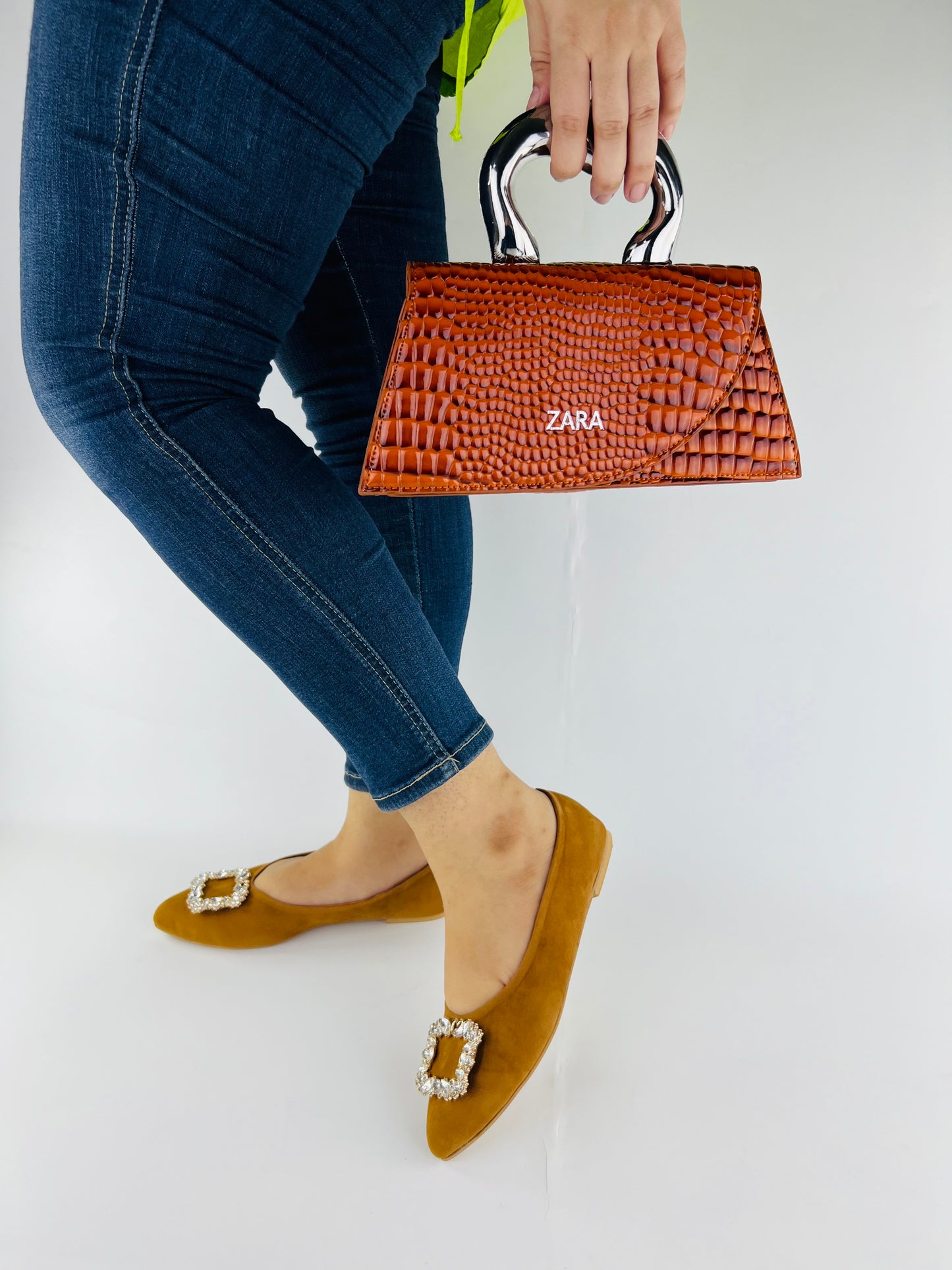 Myla Light Brown Pointed Shape Suede Flat Pumps with Metal Brooch