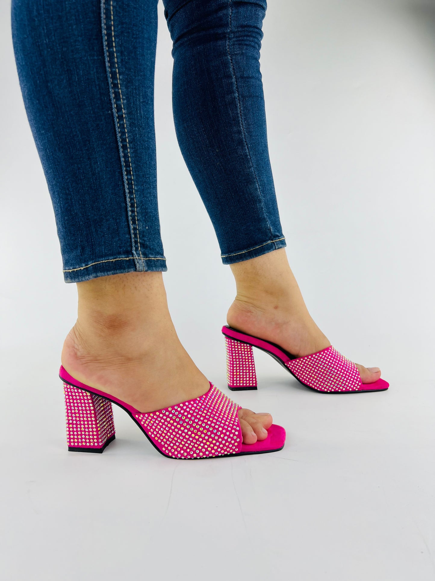 Anja Pink Open Toe Crystal-Studded High-Heeled Mules 0006-Pnk