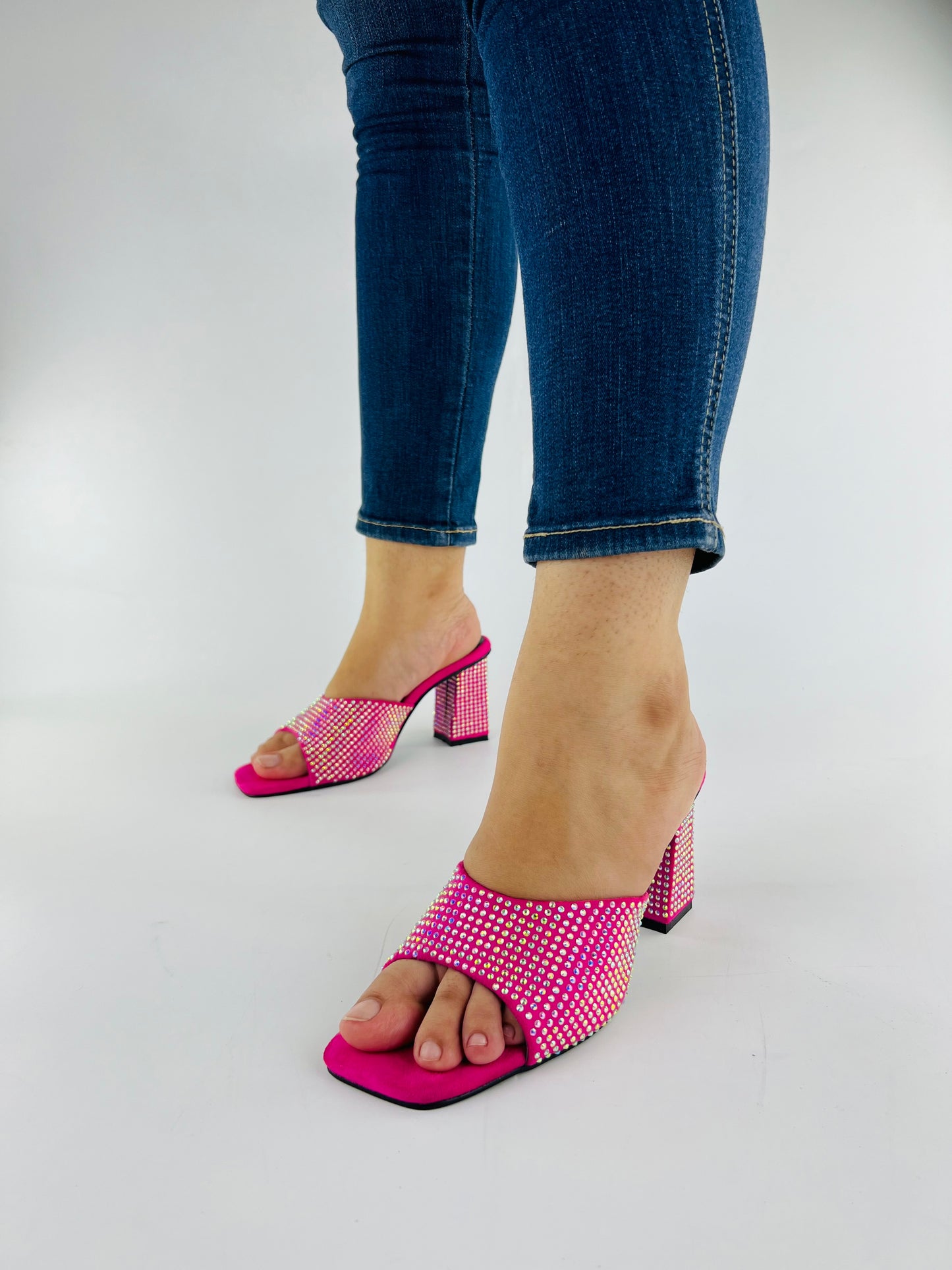 Anja Pink Open Toe Crystal-Studded High-Heeled Mules 0006-Pnk