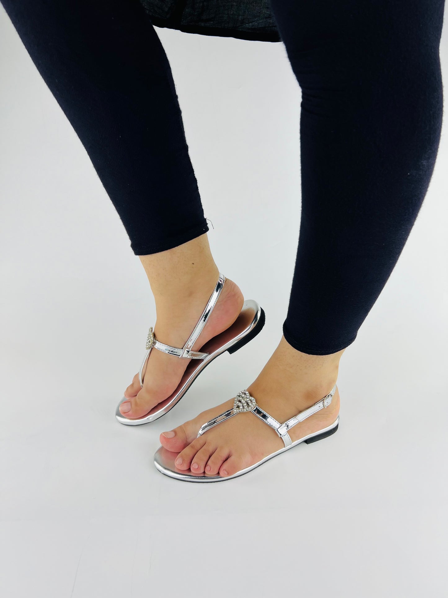 Anya T-Strap Silver Thong Sandals with Buckle Closure