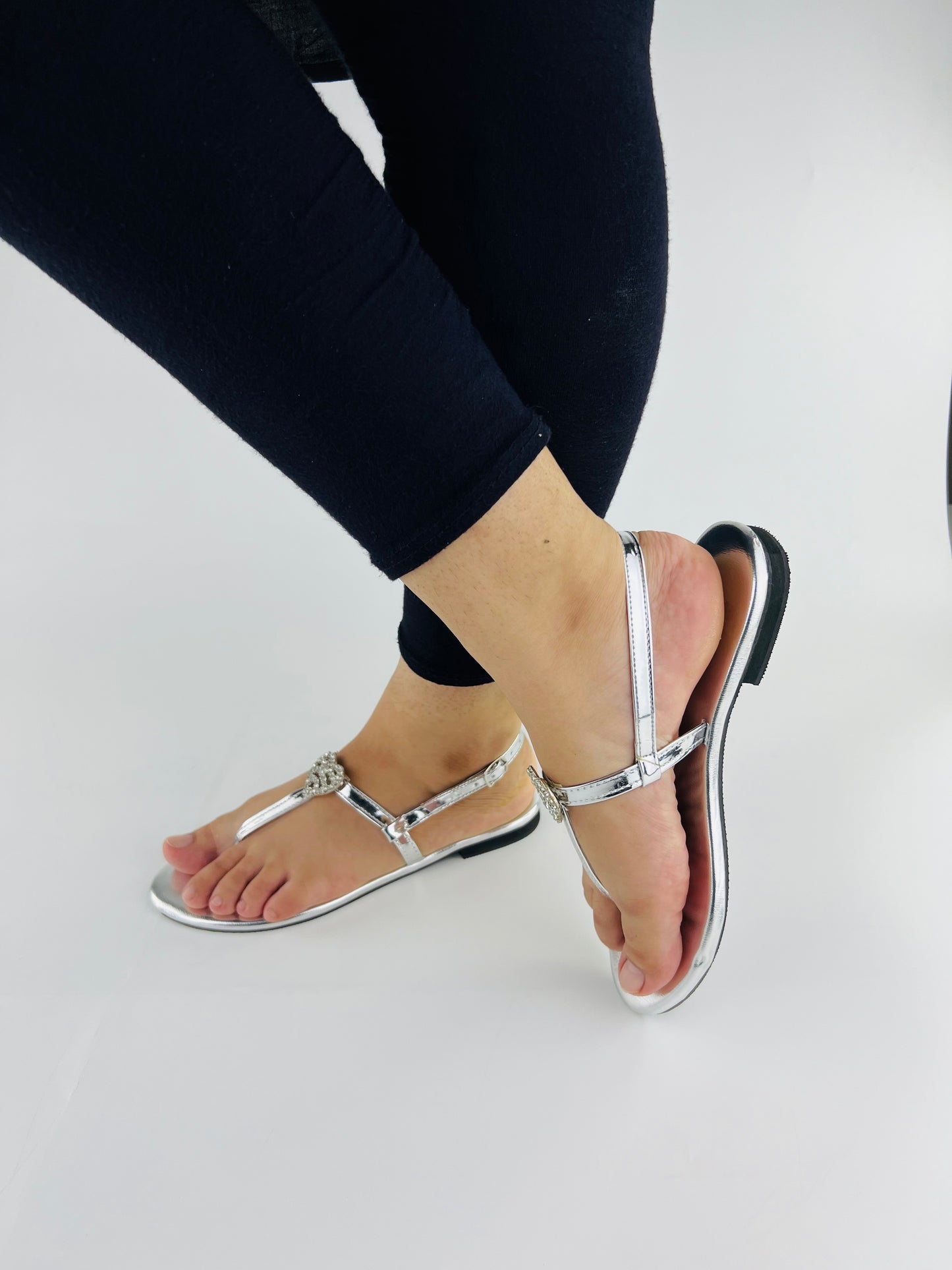 Anya T-Strap Silver Thong Sandals with Buckle Closure