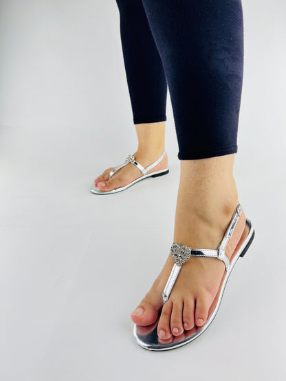 Anya T-Strap Silver Thong Sandals with Buckle Closure