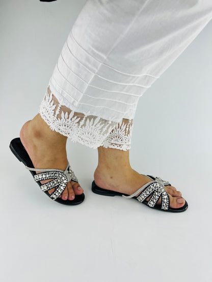 Kali Sequin Decor Crystal Embellished Black Flat Slides