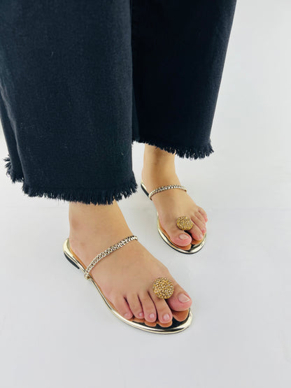 Spunkz Zinia Gold Rhinestone Ball Toe Ring Kolhapuri Flats Slides