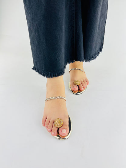 Spunkz Zinia Gold Rhinestone Ball Toe Ring Kolhapuri Flats Slides