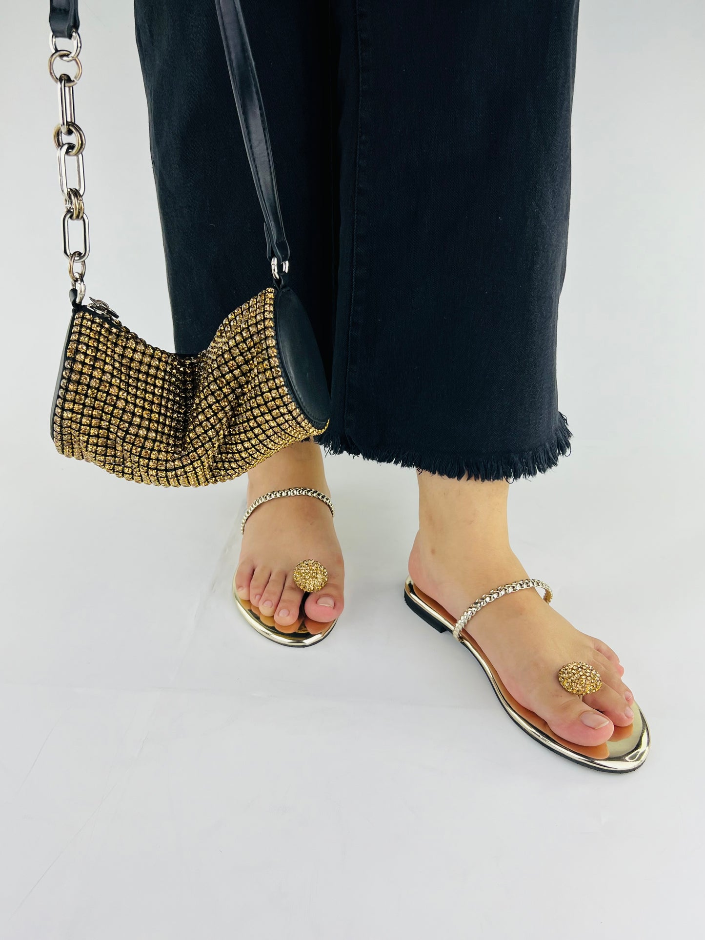 Spunkz Zinia Gold Rhinestone Ball Toe Ring Kolhapuri Flats Slides