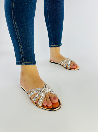 Natasha Strappy Rhinestones Slide Flats