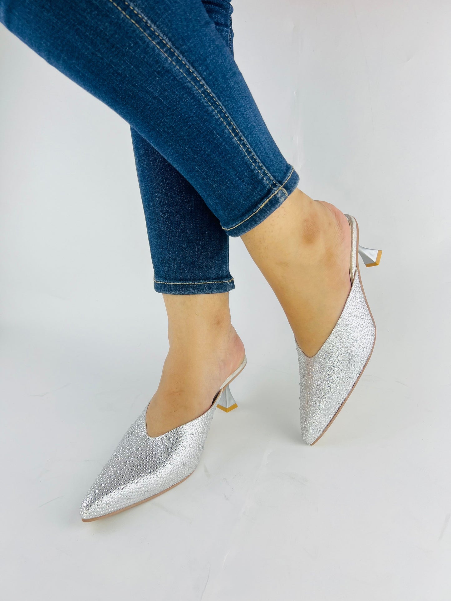 Spunkz Silver Shiny Crystal Stones Pointed Toe Mules